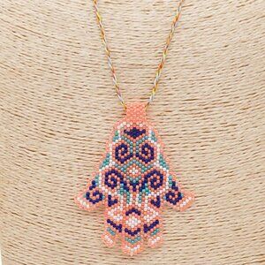 Seed Beaded HAMSA Evil Eye Large Pendant Yarn Chain Necklace Boho Bohemian NEW